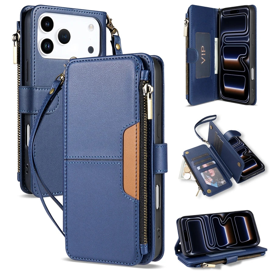 Wallet Multi-card Slot Zipper Kickstand Magnetic Flip Leather Case For iPhone 17 Pro Max 17e Air 16e 15 Plus 14 13 12 11 XR 8 7