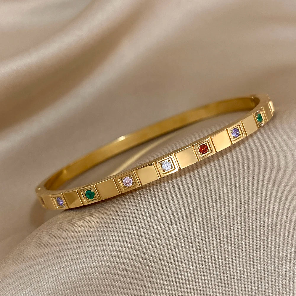 New Inlaid Square Small Colored Zircon Stainless Steel Bangle Bracelet for Women Luxury Gold Plated Cubic Zirconia Bracelets