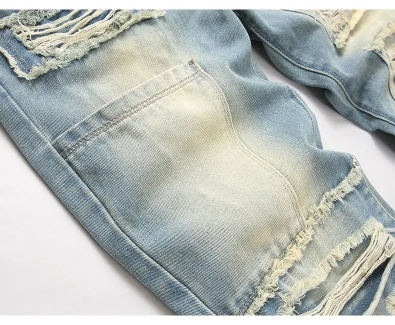 Autumn Men's New Light Blue Slim Fit Jeans Men's Ripped Loose Jeans Elastic Hole Versatile High Street Denim Pants Retro Washed
