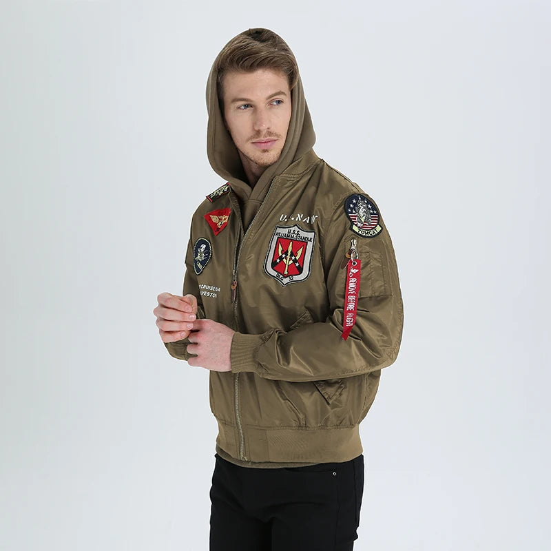High Quality Military Fashion Casual Boy Youth Lightweight Top Gun Patch Embriodey Streetwear Ma1 Satin Flight Bomber Jacket Men