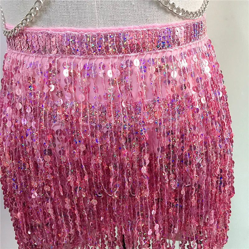 Women PU Leather Harness 2 Piece Set Sexy Hollow Out Metal Chest Chain With Tassel Sequins Mini Skirt Gothic Party Club Outfits