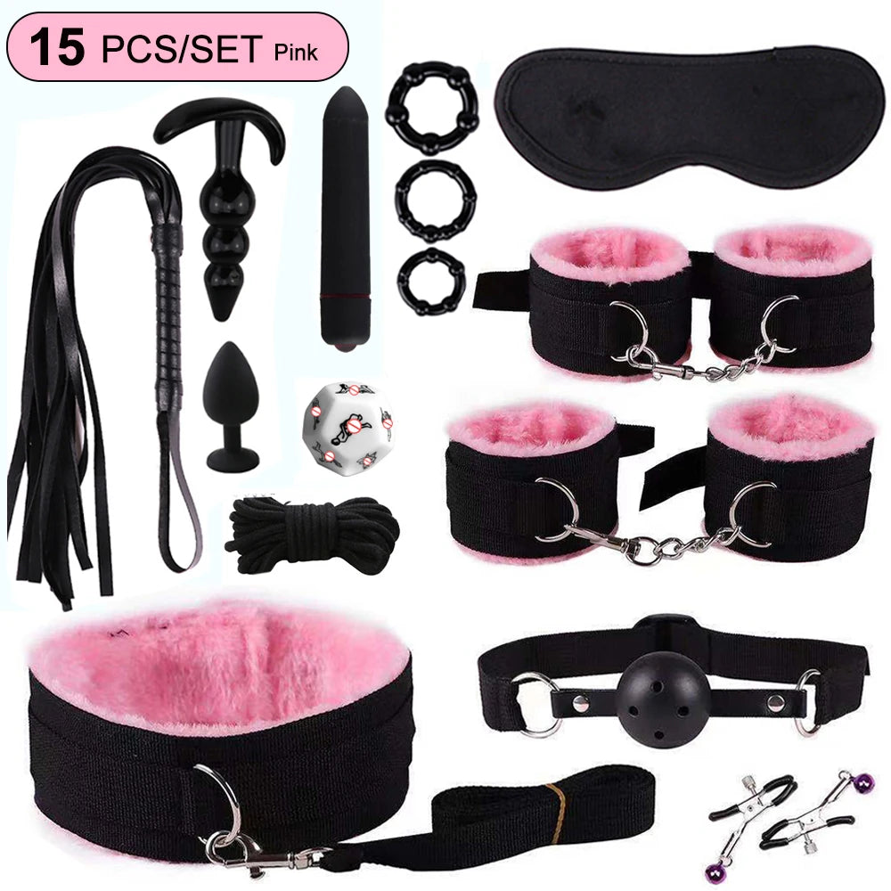 Hot Exotic Bed B+ndage Set B+SM Kits Exotic S*x Toys For Women  Adults Games Leather Handcuffs Whip Gag Nipple Clamps S*x