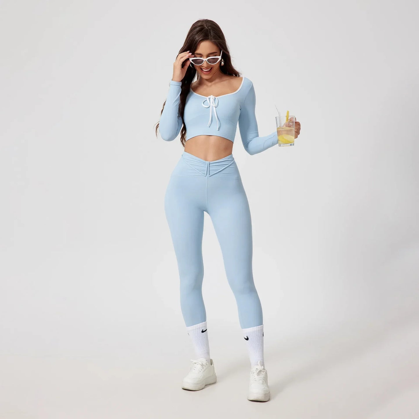 Seamless Yoga Sets Sports Tops Fitness High Waist Hip Lifting Pants Long-Sleeved Suit Running Workout Gym Leggings Set for Women