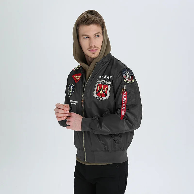 High Quality Military Fashion Casual Boy Youth Lightweight Top Gun Patch Embriodey Streetwear Ma1 Satin Flight Bomber Jacket Men