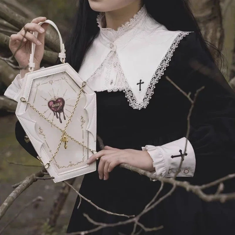 New Dark Gothic Lolita Halloween Handbag Pu Leather Chain Coffin Wings  Bag Sweet Vintage Medieval Witch Crossbody Bag