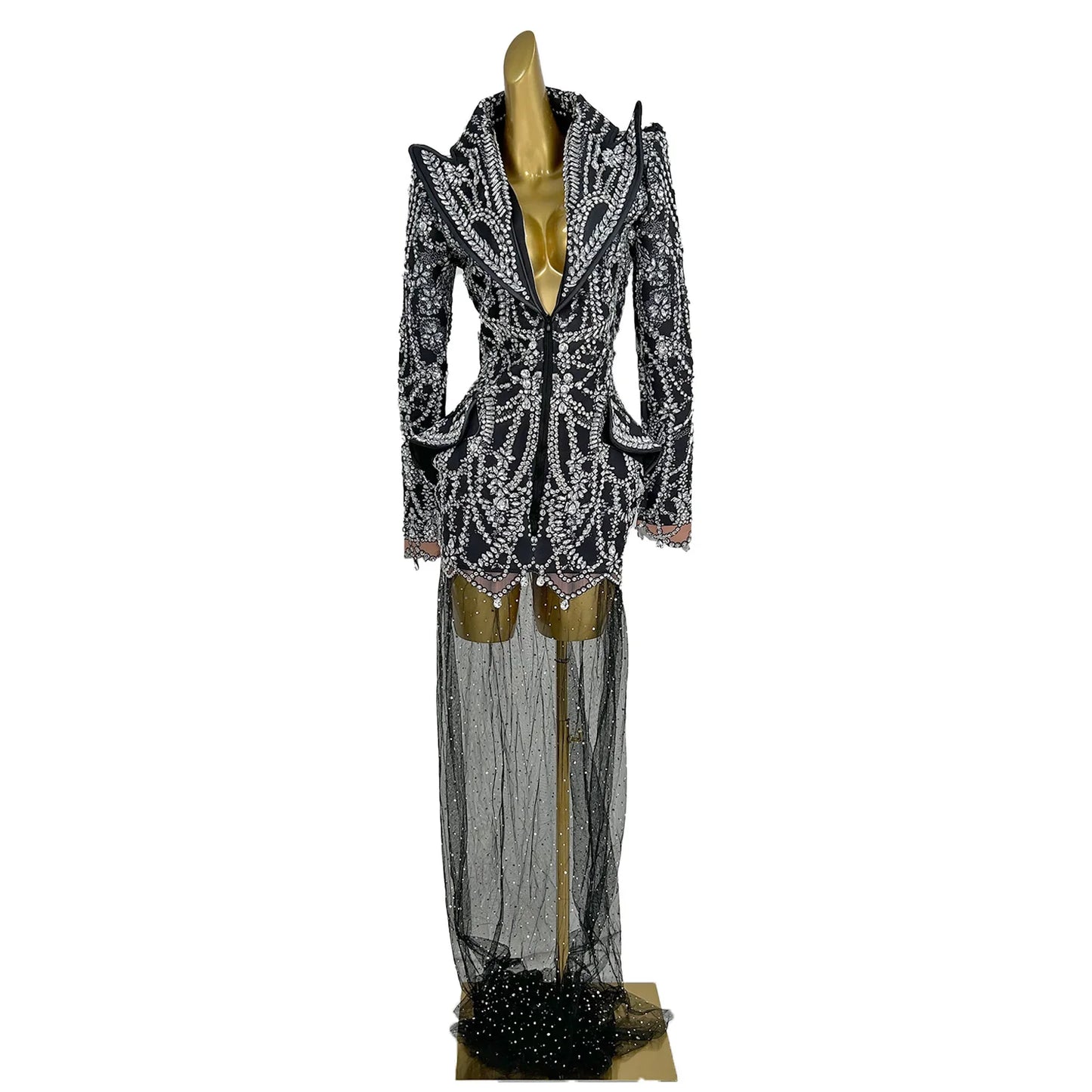 Fashion Crystal Rhinestones Short Dress Deep V Black Club Party Birthday Performance Drag Queen Costume