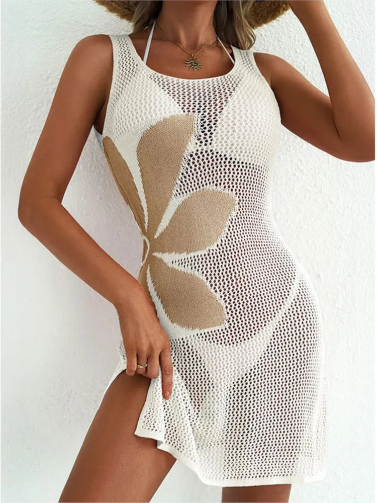 Sexy Women Knit Beach Dress Hollow-Out O-Neck Sleeveless Bikini Cover-Ups Dress Holiday Dress  Summer Swimwear Beach