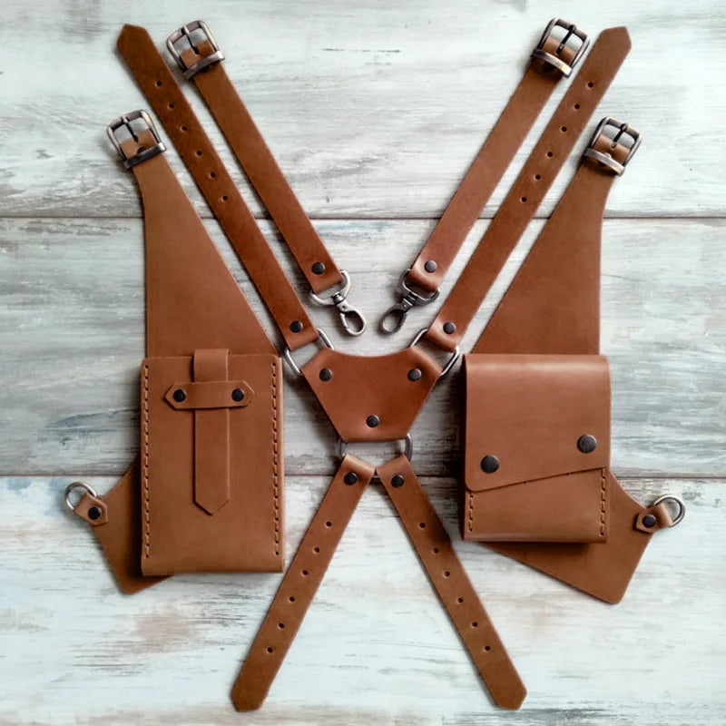Medieval Steampunk PU Leather Shoulder Bag Vintage Phone Wallet Holder Double Pocket Holster Festival Viking Costume Props Purse