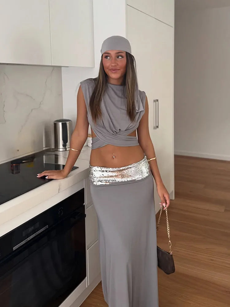 Sexy Lace Up Long Skirt Two Piece Set Sleeveless Backless Top Matching Cinched Waist Skirts Lady Birthday Christmas Evening Suit