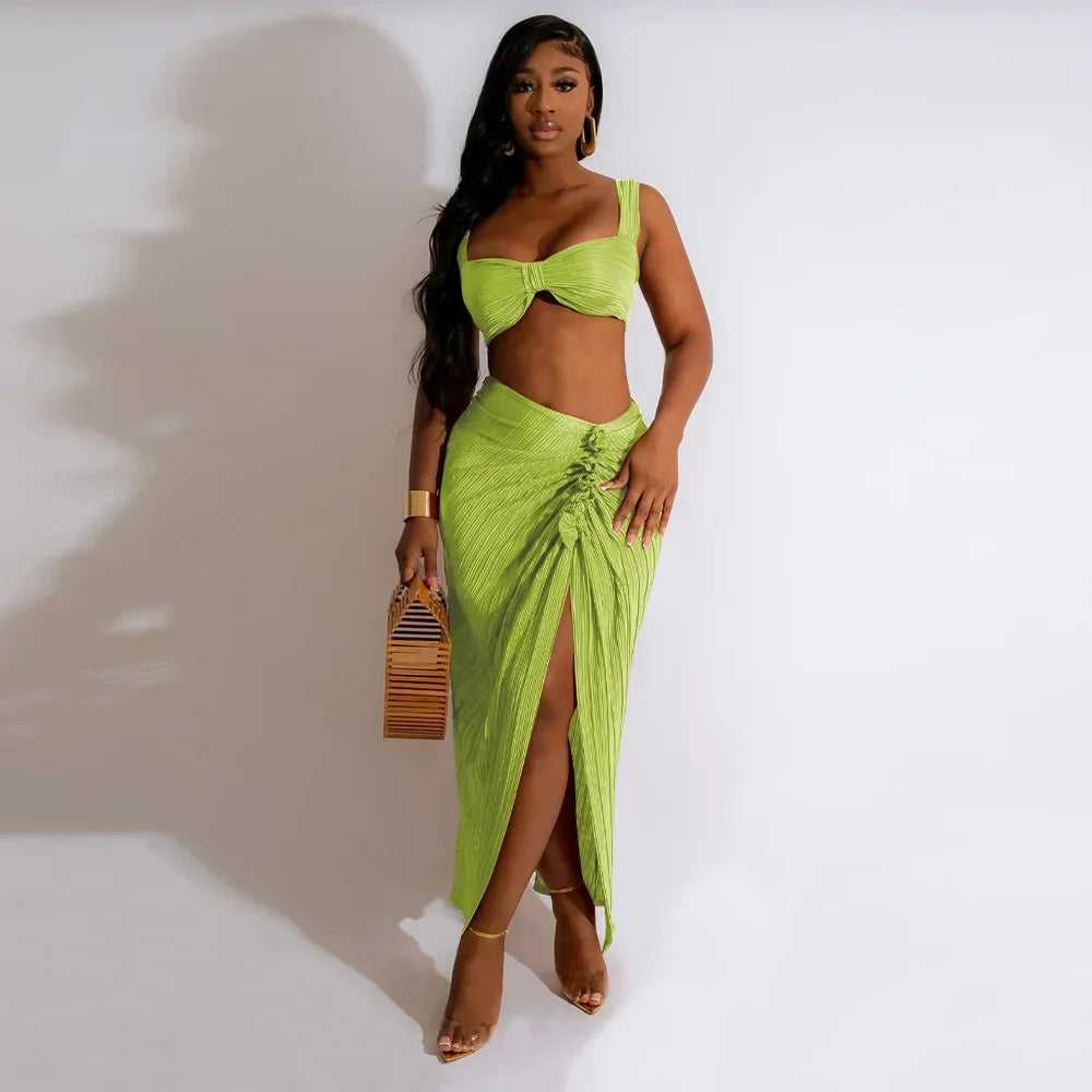 Beach Pleated Women 2 Piece Set Outfits  Summer Crop Top and Midi Ruffles Draped High Side Split Maxi Long Skirt Set