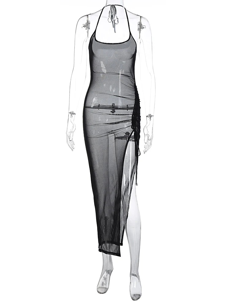 Hugcitar Summer Fashion Mesh Black Slips Sexy Backless Shirring Slit Maxi Dress See Through Women Clothes Beach Vacation Club