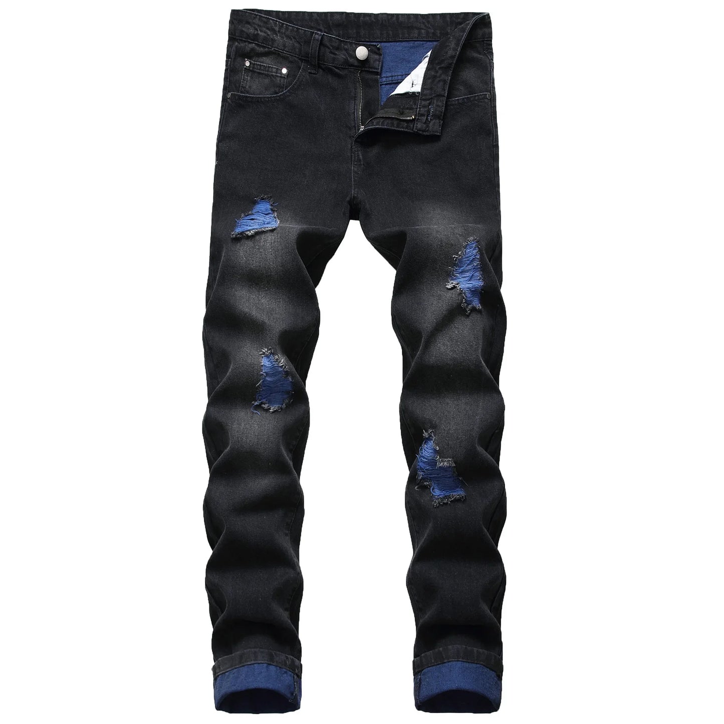 High Quality Men Casual Black Jeans Paint Slim Straight Hole Biker Jeans Autumn Jean Homme Male Denim Pants Plus Size