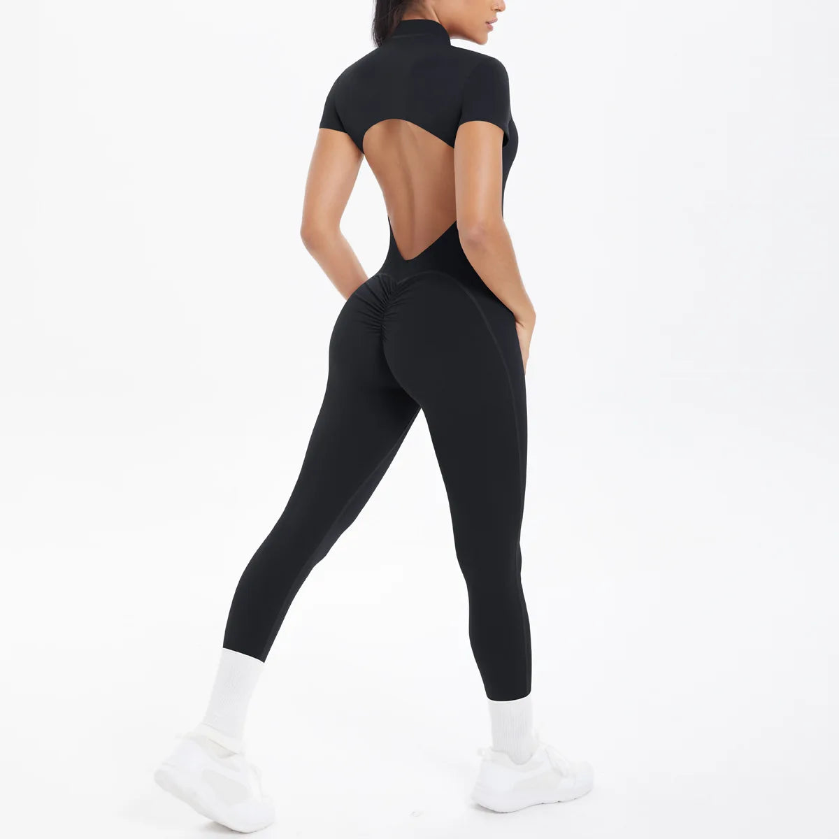 Women's Seamless Yoga Jumpsuit - Front Zip Open Back Breathable One-Piece Bodysuit for Gym Running Fitness Workout