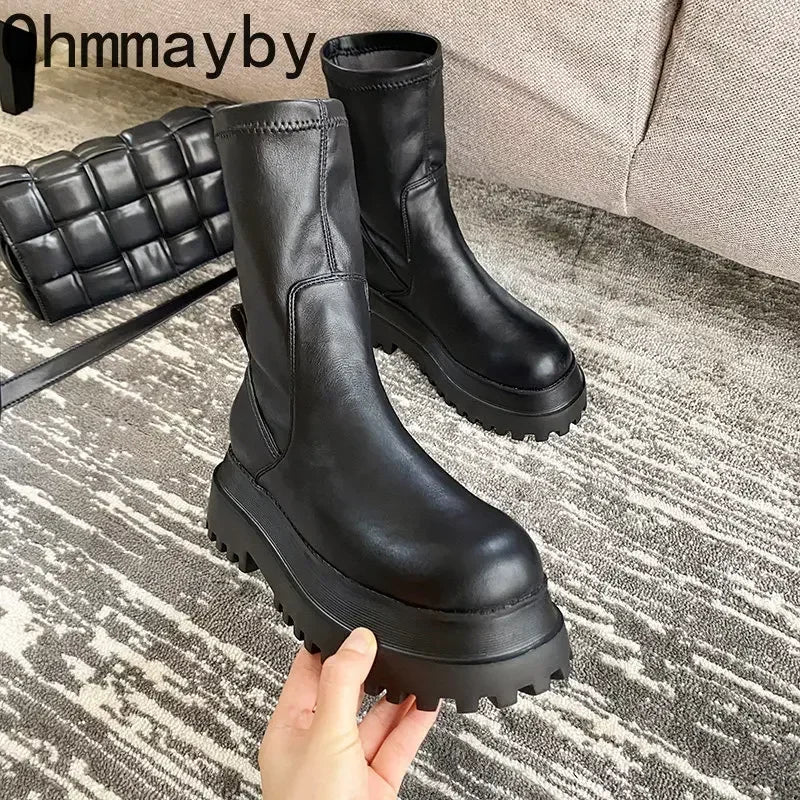 2025 Winter Chunky Platform Heels Long Boots Round Toe Zipper Thick Sole Ladies Fashion Winter Women's Knee High Boots
