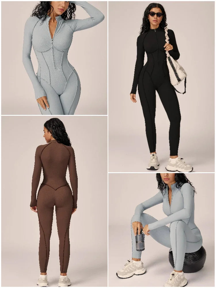 VITALINOVO Womens Running Onesie Athletic Romper Pants Long Sleeve Zip Up Hiking Outfits One Piece Workout Bodycon Jumpsuits