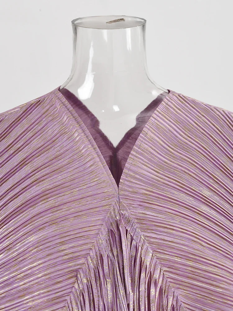 LANMREM 2025 New Elegant Party Tassel Pleated Dress Women V Neck Sequins Spliced Irregular Long Dresses Fashion Clothing 2DA1641