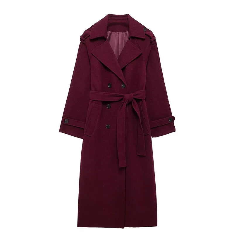 Wine Red Woolen Coats With Scarf Women Elegant Full Sleeve Double Breasted Long Overcoat 2025 Autumn Winter New Lady Streetwear