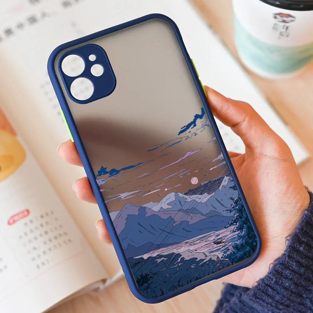 Japan Anime Landscape Phone Case For iPhone 16 15 11 13 12 14 Pro Max Mini 7 8 Plus SE 16E Scenery Hard Matte Cover Fundas Skin