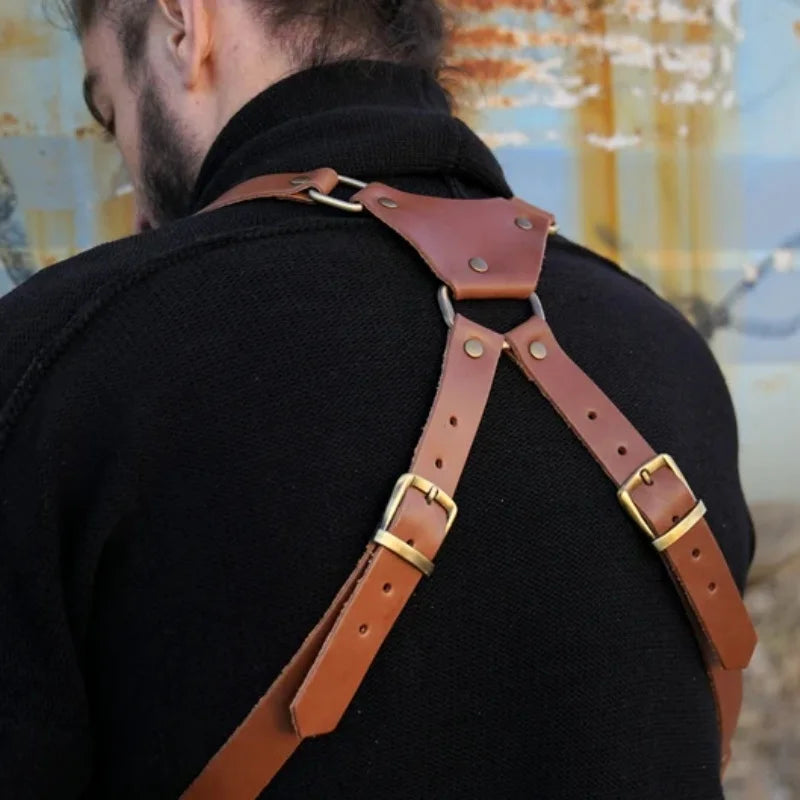 Fashion Double Shoulder Straps Multi-pocket Men Outdoor Anti-theft Chest Bag Medieval Leather Multi-function Crossbody Bag Walle
