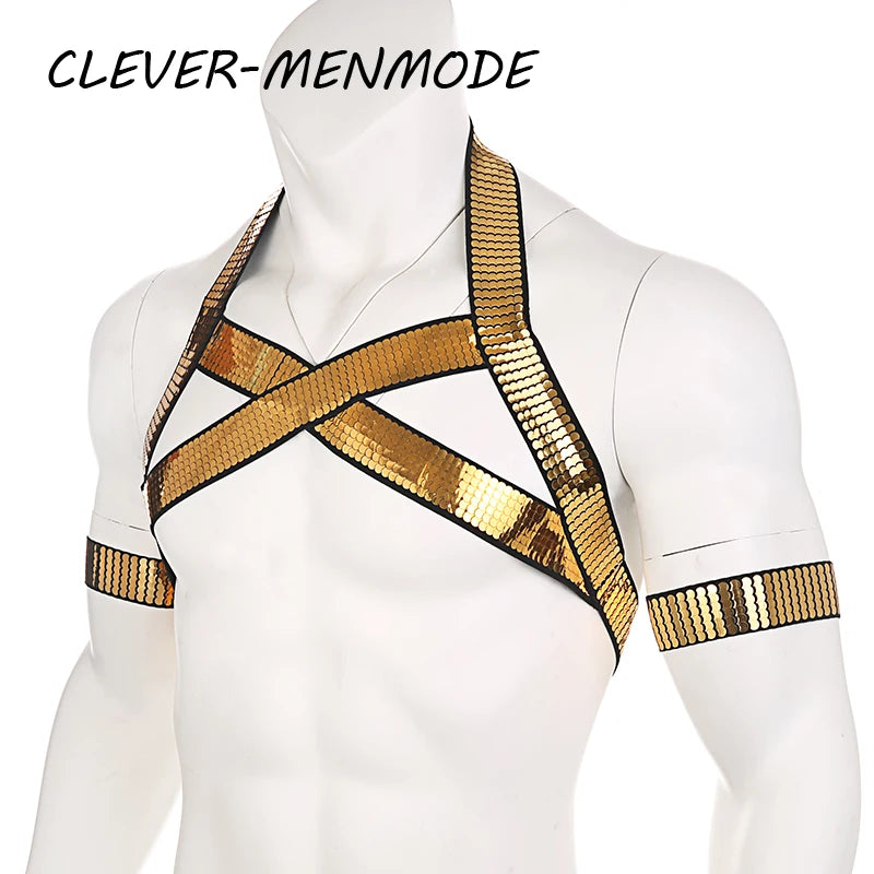 With 2 Arm Bands Men's Golden Shiny Harness Men Bondage for Nightclub Halter Neck Elastic Straps Lingerie Body Chest Harness
