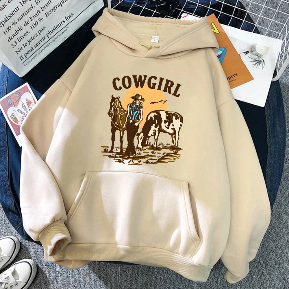 The Cowgirl And Her Cow And Horse Live In The West Hoody Woman Hip Hop Street Hoodies Crewneck Pocket Clothes Loose Pullover