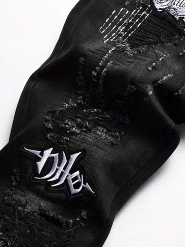 Men's Black Distressed Jeans Skull Patch & Embroidery Letter Print Slim Fit Stretch Denim Pants Street Fashion Biker Trousers