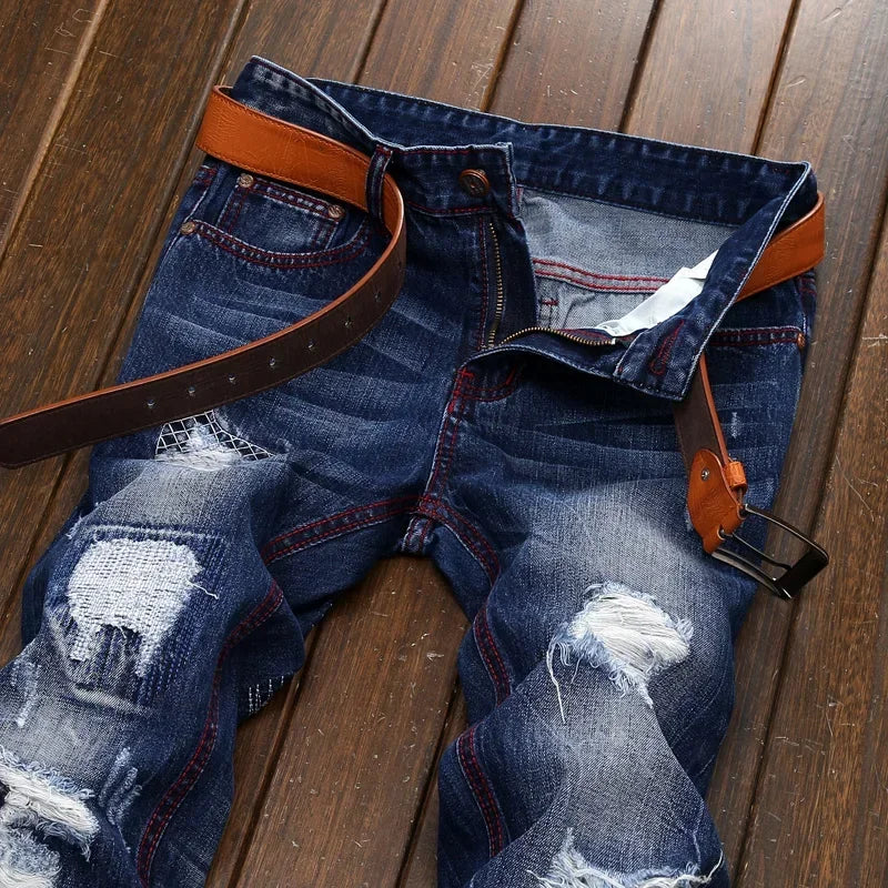 New Men's Ripped Vintage Jeans Straight Denim Trousers Male Distressed Personalized Motorcycle High Street Spliced Jeans Pants
