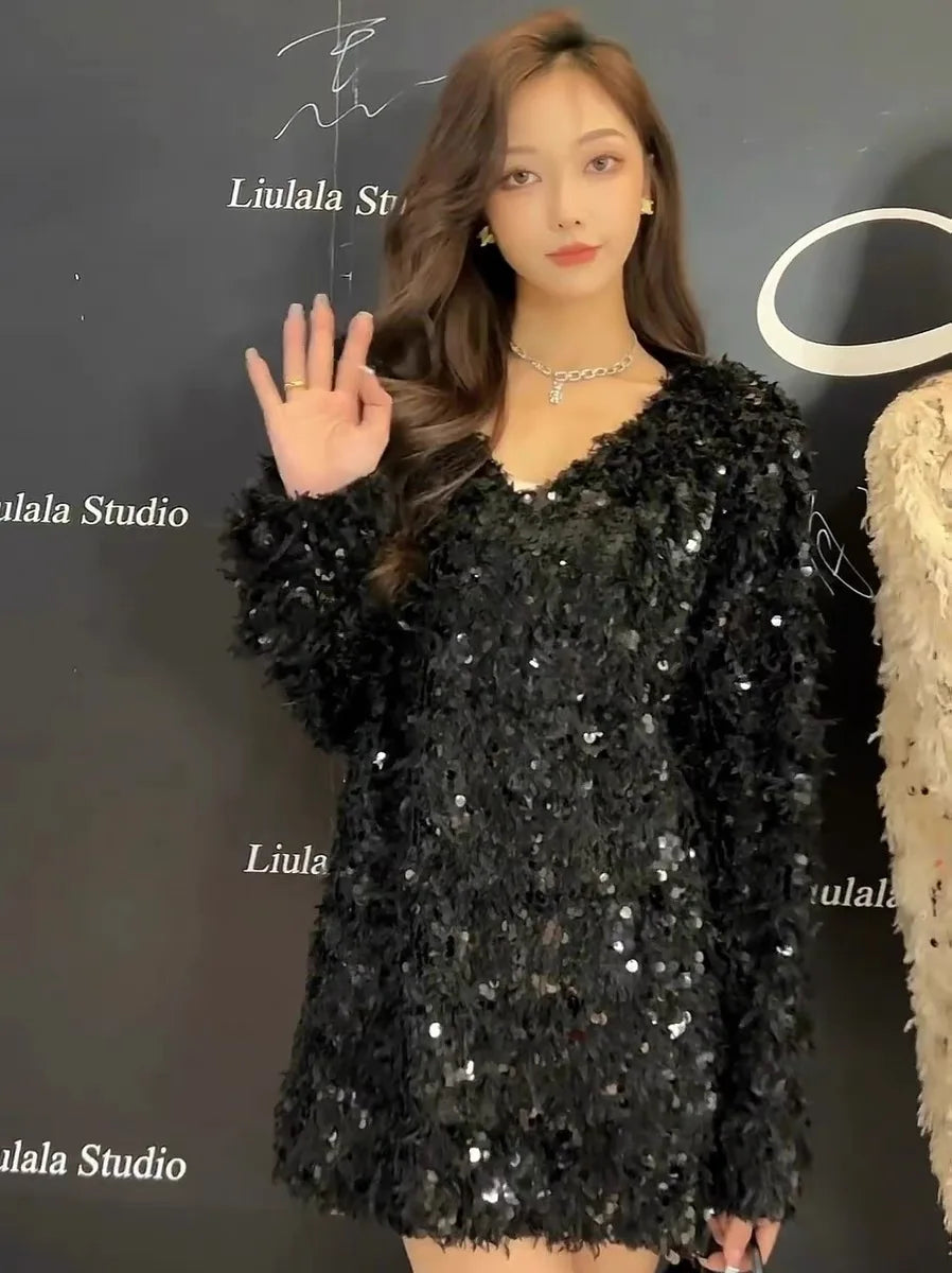 Knitted Tassel Women Pullover Sweater 2025 Spring Long Sleeve O-Neck Short Party Fringe Sweaters Female Streetwear C-301