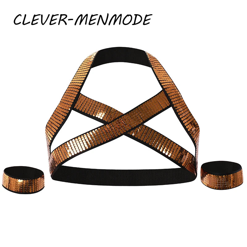 With 2 Arm Bands Men's Golden Shiny Harness Men Bondage for Nightclub Halter Neck Elastic Straps Lingerie Body Chest Harness