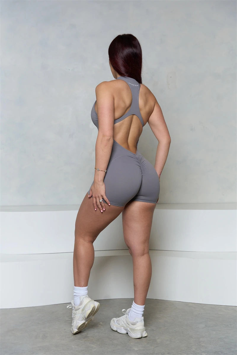 Women Bum Sleeveless ZIPPER Scrunch Butt Romper Women Sporty Jumpsuit Lycra Short Fitness Gym Overall New Workout Clothes
