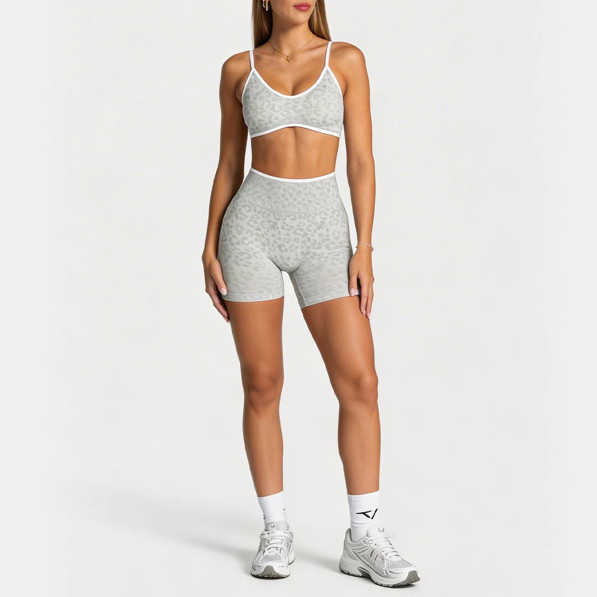 Women Leopard Print 2 Piece Yoga Set High Waist Butt Lift Biker Shorts Adjustable Strap Sports Bra Gym Workout Activewear