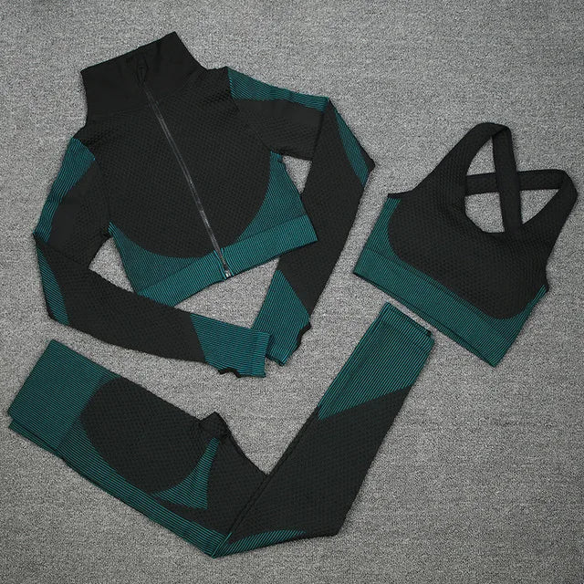 New  Spring Autumn Set Reticulate Stretch Fitness Seamless  Sportswear Suit For Women