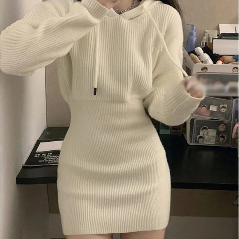 White Thicken Knit Mini Dress Woman Korean Elastic High Waist Bandage Dresses Women Hooded Outwear Long Sleeve Slim Dress