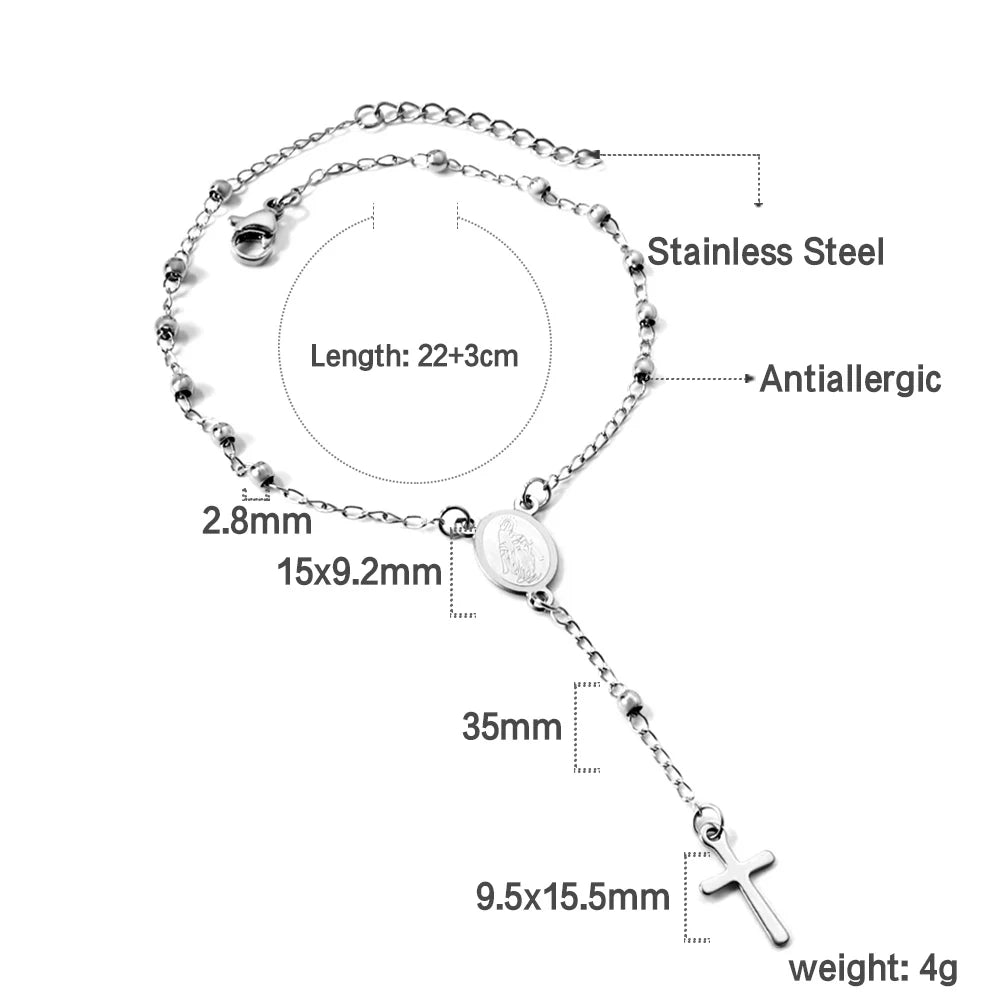 LUXUSTEEL Stainless Steel Long Necklace Virgin Mary Cross Pendant with 35cm+15cm Extender Bead Chain Jewelry