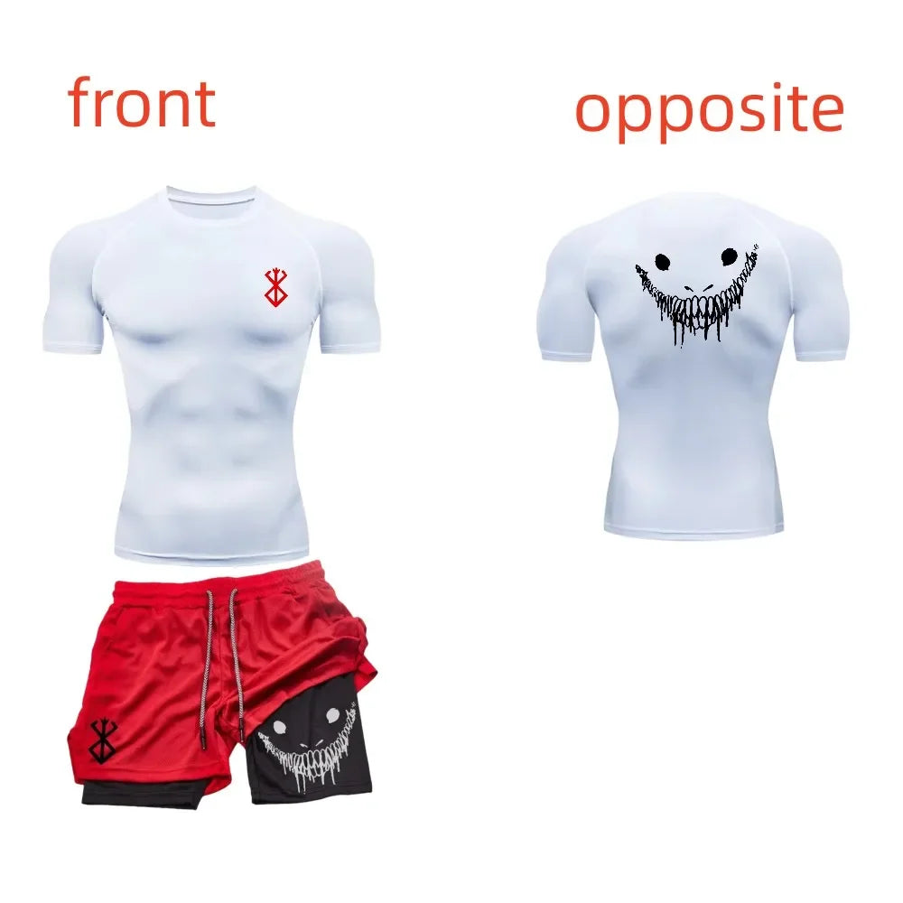 Men's fashionable casual fitness set, gym quick drying sportswear, shorts+shirt, 2-piece set, running, training, summer