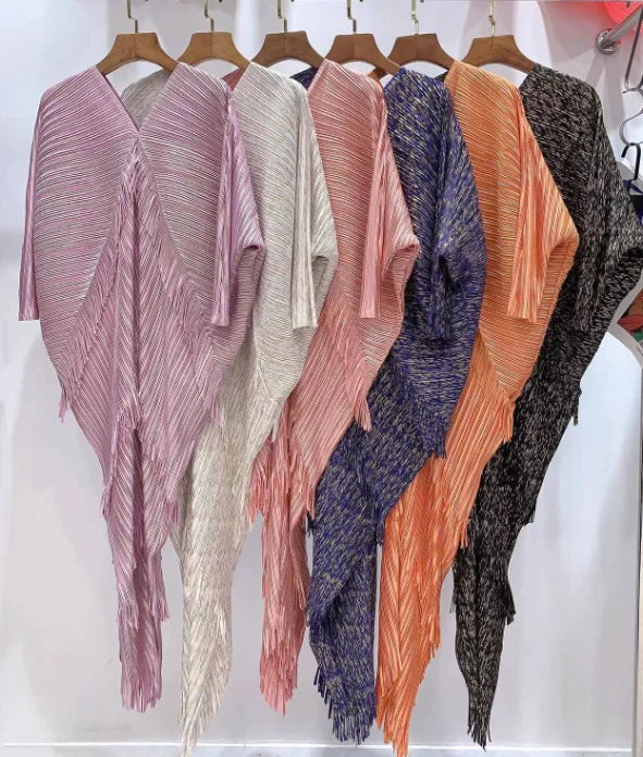 LANMREM 2025 New Elegant Party Tassel Pleated Dress Women V Neck Sequins Spliced Irregular Long Dresses Fashion Clothing 2DA1641