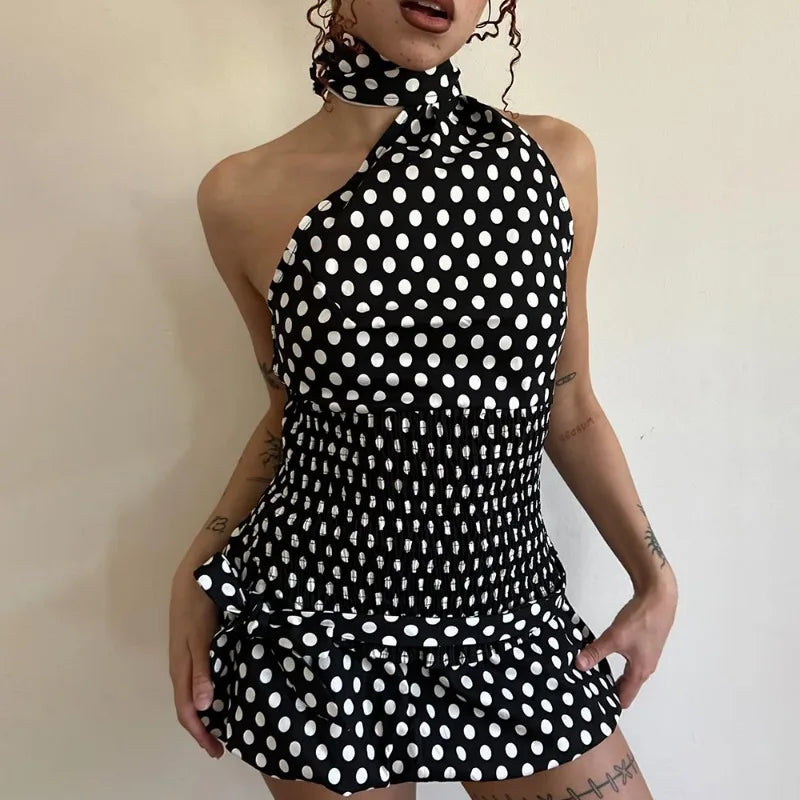 Talenza Bowknot Short Skirt Two Piece Women Sexy Strapless Polka Dot Tie Top Ruffle Skirt Set Vintage Sexy Sleeveless Skirt Set