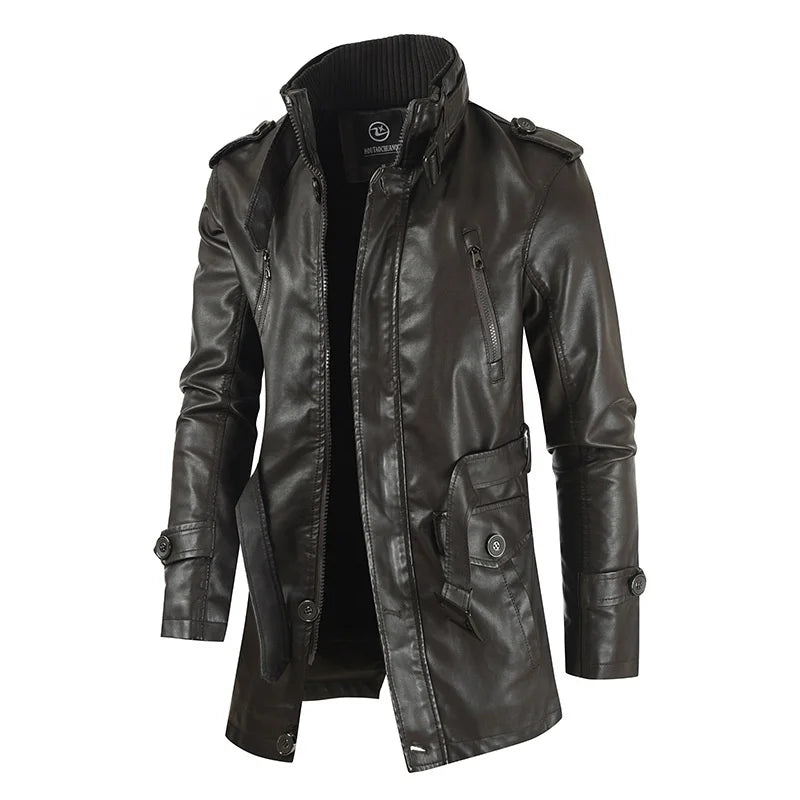 Men's Genuine Leather Jacket Winter Warm Thick Plush Lining Long Coat with Stand Collar Fashion Outerwear