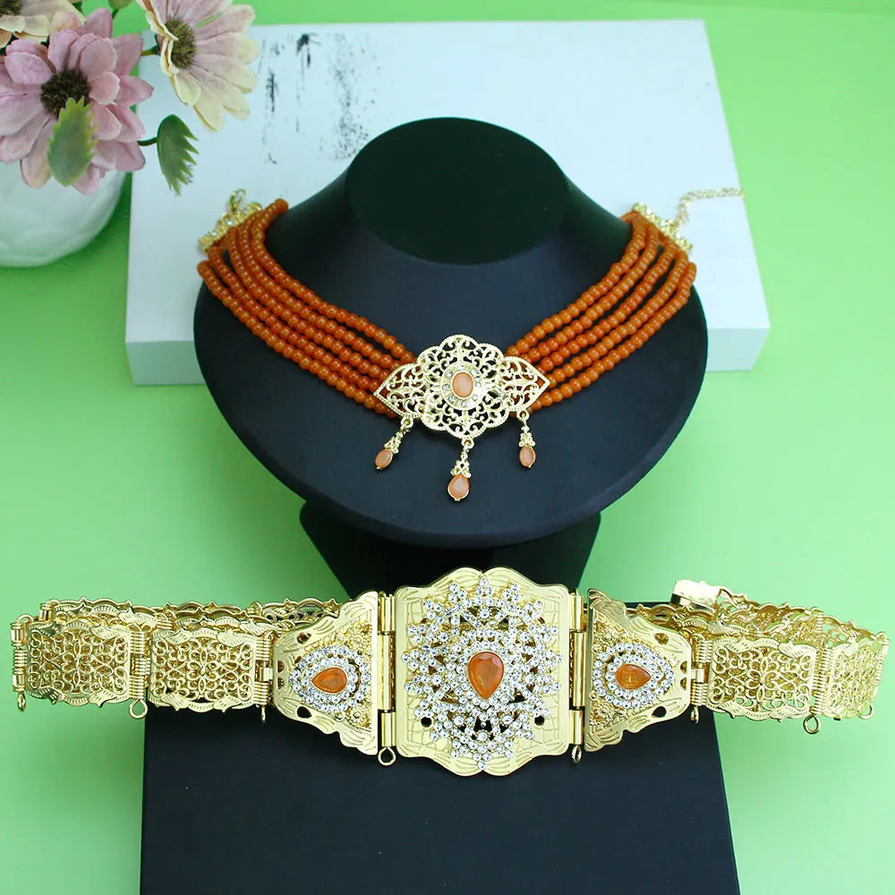 Sunspicems Morocco Bride Wedding Jewelry Sets For Women Gold Color Arabic Caftan Waist Belt Brooch Bead Choker Necklace Earrings