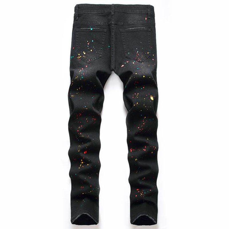 High Quality Men Casual Black Jeans Paint Slim Straight Hole Biker Jeans Autumn Jean Homme Male Denim Pants Plus Size