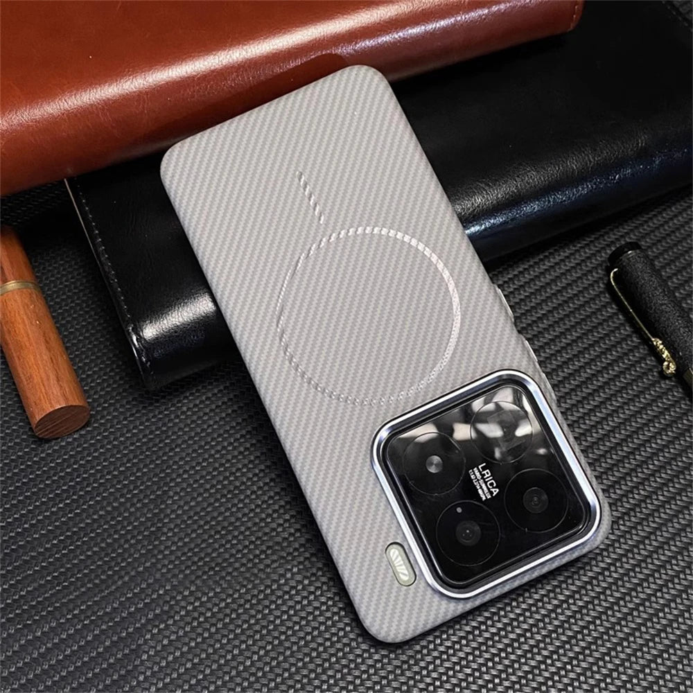 Ultra thin Carbon Fibre Pattern Metal Lens Frame Case for Xiaomi Mi 15 Pro Mi 14 Magnetic Wireless Charging Hard PC Slim Cover