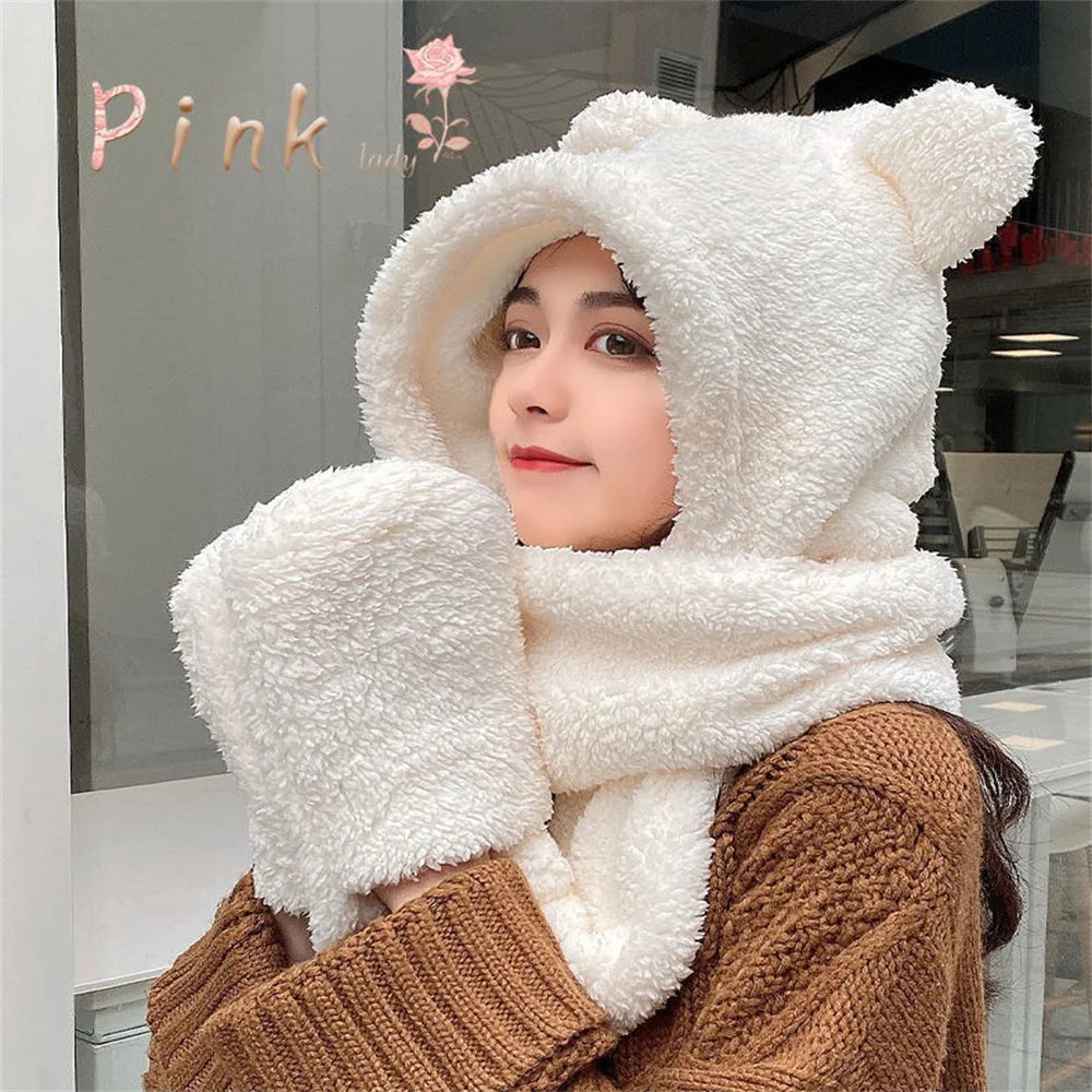 Winter Lamb Wool 3-In-1 Cute Bear Ear Hat Scarf Gloves Set Women Caps Warm Casual Plush Neck Hats Casual Fleece Girls Beanies