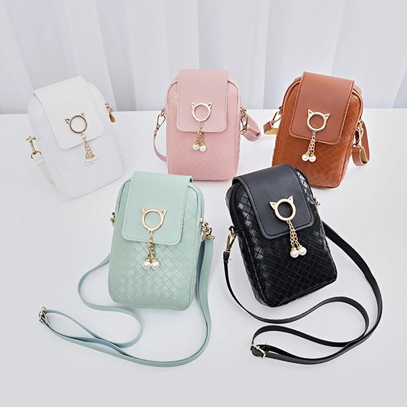 1PC Mini Cross-body Mobile Phone Shoulder Bag Women Fashion Woven Pearl Tassel Cover-style Female PU Leather Small Purse Clutch