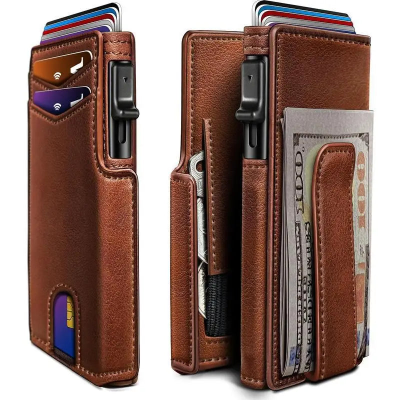 OUIO New Black Leather Wallet For Men Slim Bifold RFID Blocking Wallet With Pop-Up Metal Card Holder Card Sleeves POP UP Wallet