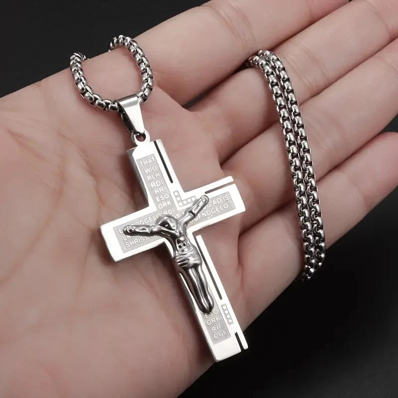 Men's Jesus Christ Crucifix Gold Plated Cross Religious Pendant Necklace with Chain Jewelry