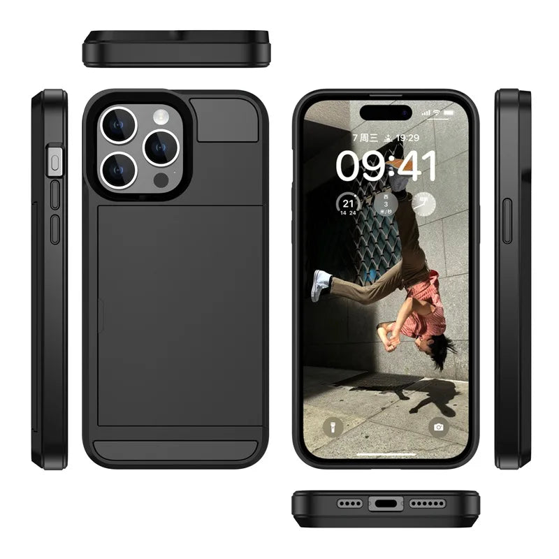 Phone Case for IPhone 16 15 14 Plus 13 12 11 Pro Max Wallet with Card Holder Slot Sliding Pocket Dual Layer Protective Cover