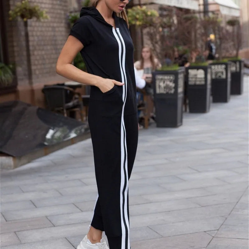 Women's Clothing Sports Style Women's Short Casual Jumpsuits Long Sleeves Fashion Contract Color Zipper Hooded Jumpsuits