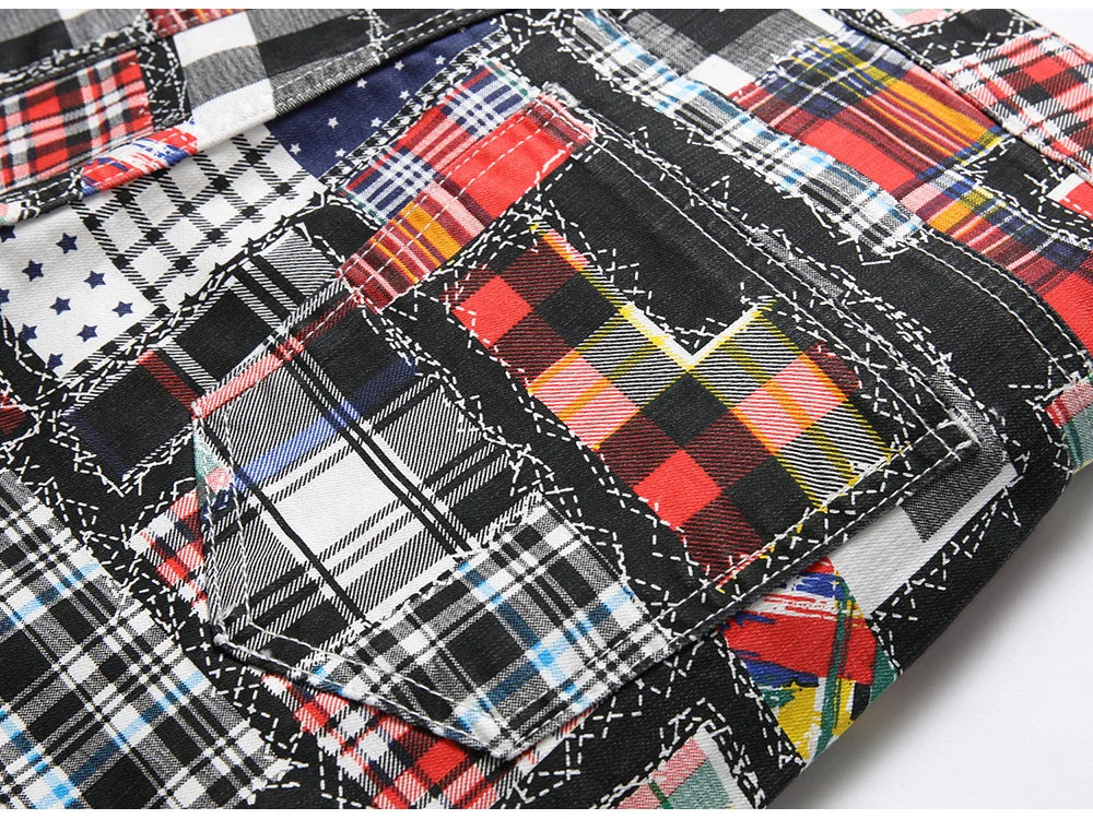 Männer Plaid Digital Print Jeans Mode Patches Patchwork Stretch Denim Hosen Schlank Gerade Hose