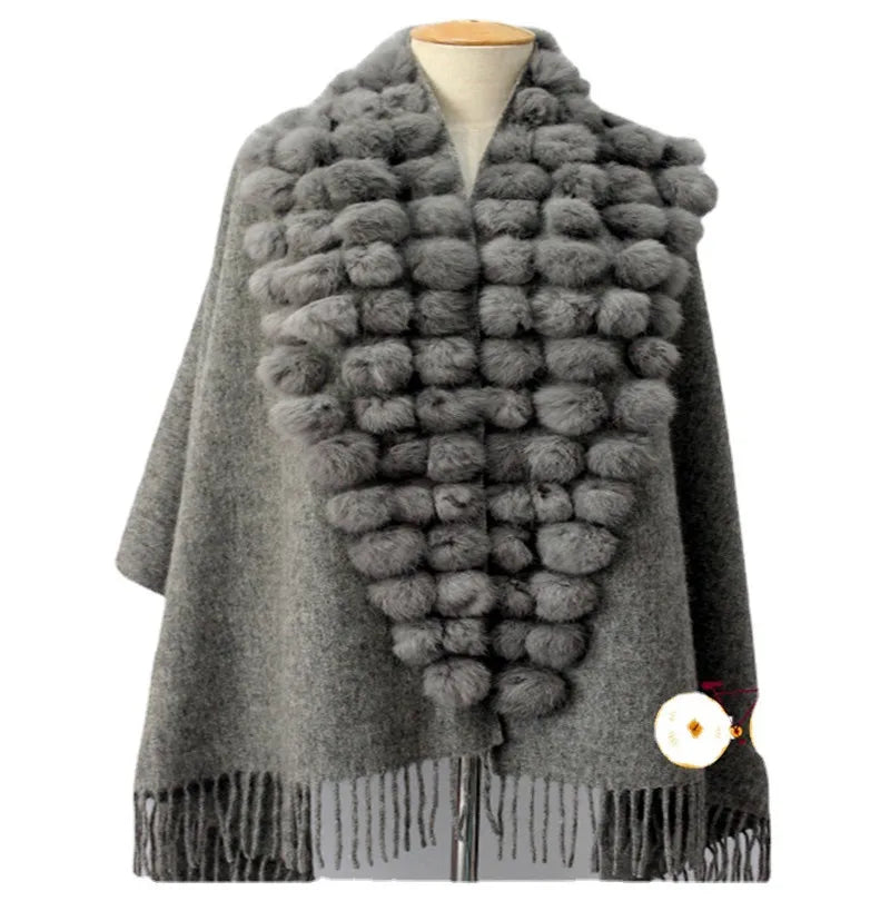 20 Colors Triangle Real Rabbit Fur Ball Shawl Wraps Winter Women Cashmere Tassel Cape Pompon Cloak Lady Mum Gift Casaco Feminino