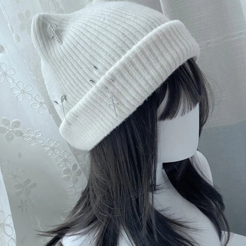 Handgewebte Beanie-Mützen für Damen, warme Wintermütze, Y2K-Teufelshornmütze für Teenager, Mädchen, modische Anime-Mütze, Kopfbedeckung